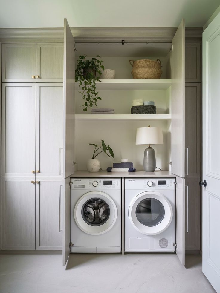 a washer and dryer in a room with white cupboards on the wall