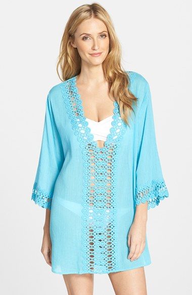 La Blanca Crochet Trim Cover-Up available at #Nordstrom Open Knit Swimwear For Beach Cover-up, Spring V-neck Pool Cover-up, Lightweight V-neck Cover-up For Beachwear, Summer V-neck Unlined Cover-up, Bohemian Summer Cover-up With Crochet Trim, Spring Beachwear Cover-up With Open Knit, Cotton Beach Cover-up For Beach Season, Bohemian Lightweight Cover-up For Beach Party, Lightweight Spring Beachwear Cover-up