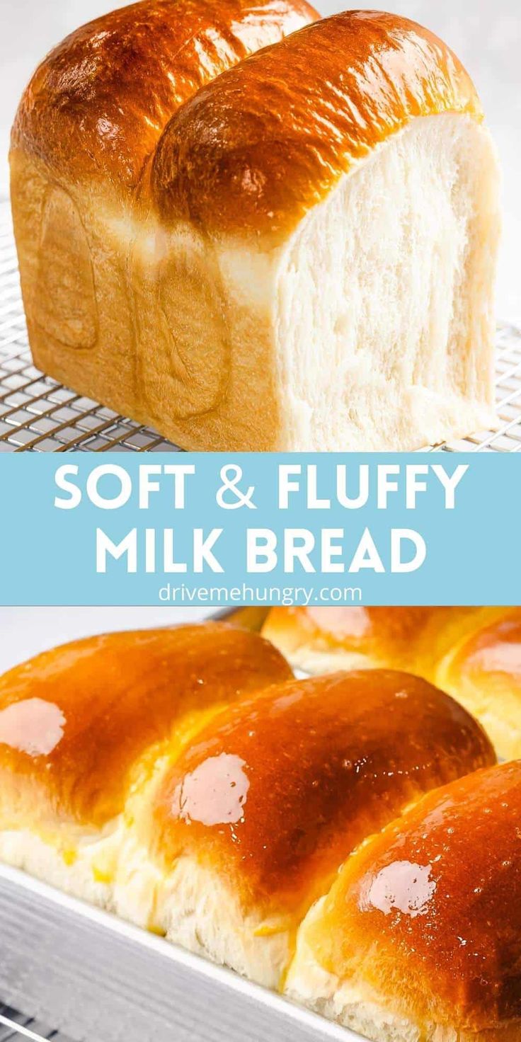 soft and fluffy milk bread on a cooling rack with text overlay that reads soft and fluffy milk bread