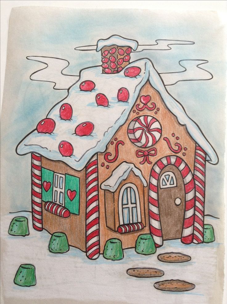 a drawing of a gingerbread house with candy canes