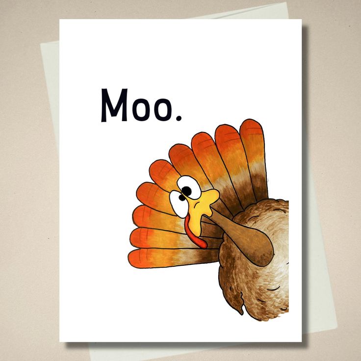 a card with an image of a turkey and the word moo written in it