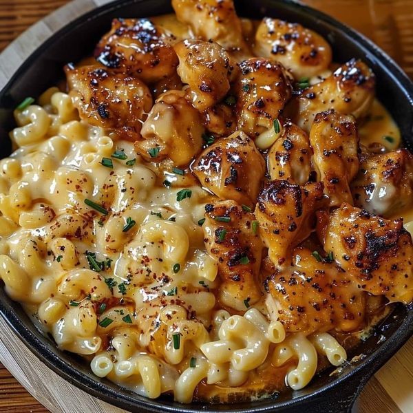 a skillet filled with macaroni and cheese covered in chicken