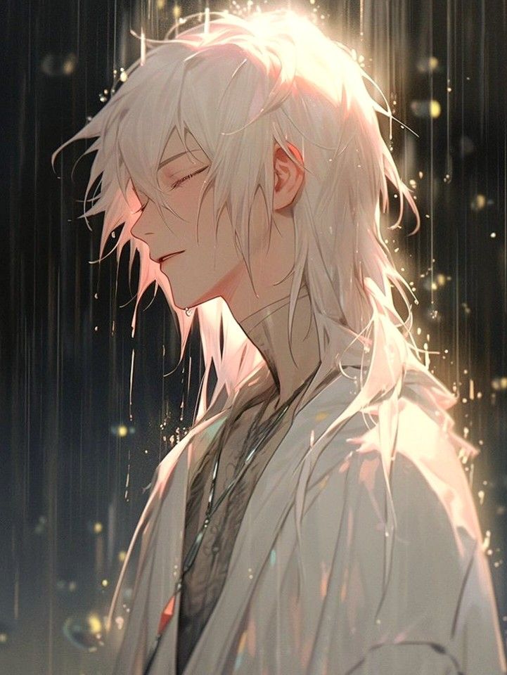 an anime character with white hair standing in the rain