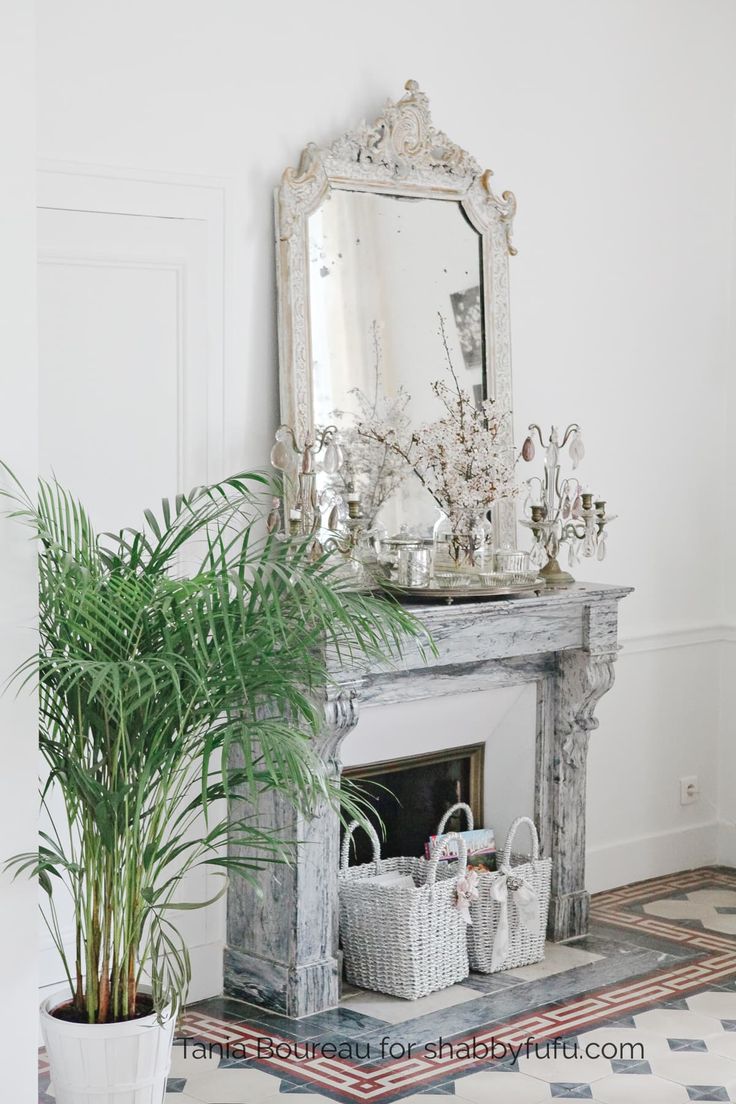 a living room with a fireplace, mirror and potted plant