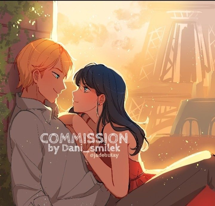 two people sitting next to each other in front of the eiffel tower, with text that reads commission by danielle