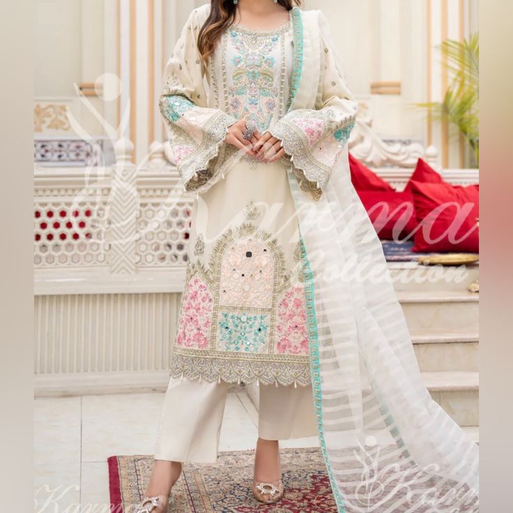 Beautiful Three-Piece Suit From Karma Collection Available In Two Colors, White And Gray Embellished With Sequins, Pearl Work And Beadwork Available In Medium And Large Size Festive White Embellished Kurta, White Embellished Semi-stitched Dress, Off White Semi-stitched Salwar Kameez With Mirror Work, Semi-stitched Off White Salwar Kameez With Mirror Work, Wedding Salwar Kameez With Mirror Work In Cambric, Designer White Lawn Suit In Cambric, White Cambric Salwar Kameez With Long Sleeves, Designer White Cambric Lawn Suit, Off White Eid Dress With Dabka Work