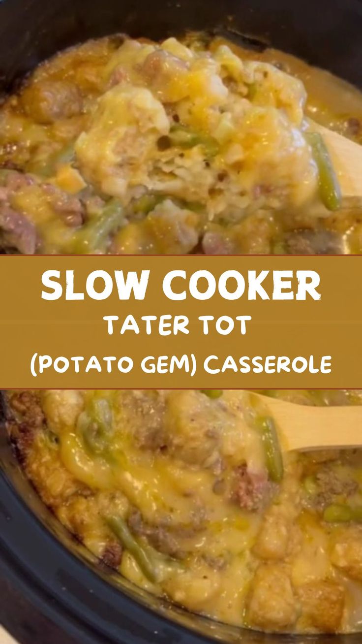 Slow Cooker Tater Tot (Potato Gem) Casserole Tater Tot Potato Soup, Tator Tot Casserole In Crock Pot, Taco Potatoes Casserole Crockpot, Crockpot Tater Tot Casserole, Ground Beef Diced Tomatoes, Family Casseroles, Soup Onion, Cheesy Tater Tot Casserole, Farmer Sausage