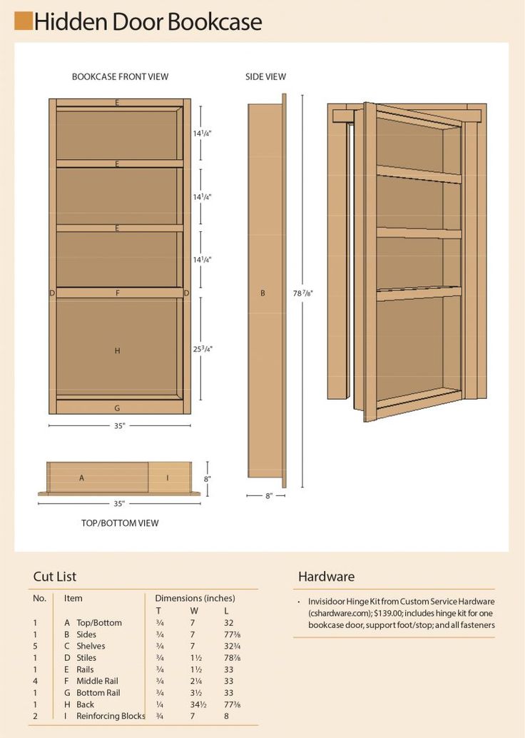 the hidden door bookcase is shown with measurements and measurements for each shelf in this image