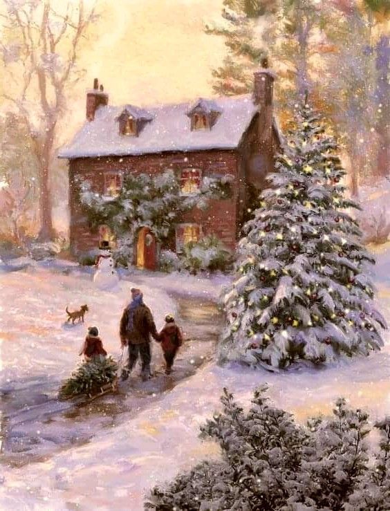 a painting of people walking in front of a house with a christmas tree on the sidewalk