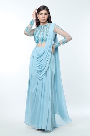 Blue pre-draped saree gown featuring cut work flower, bead, sequin embellishment. - Aza Fashions Georgette Gala Dress With Traditional Drape, Blue Dresses With Draped Sleeves For Festive Occasions, Festive Blue Dresses With Draped Sleeves, Festive Blue Dress With Draped Sleeves, Traditional Drape Dress With Sheer Dupatta For Gala, Fitted Embellished Dress With Side Open, Embellished Fitted Dress With Side Open, Blue Pre-draped Festive Dress, Evening Pre-draped Dress With Sheer Dupatta