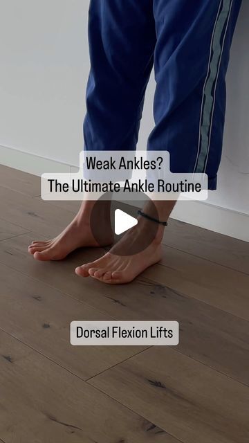 a person standing on top of a wooden floor with the words weak ankles? the ultimate ankle routine