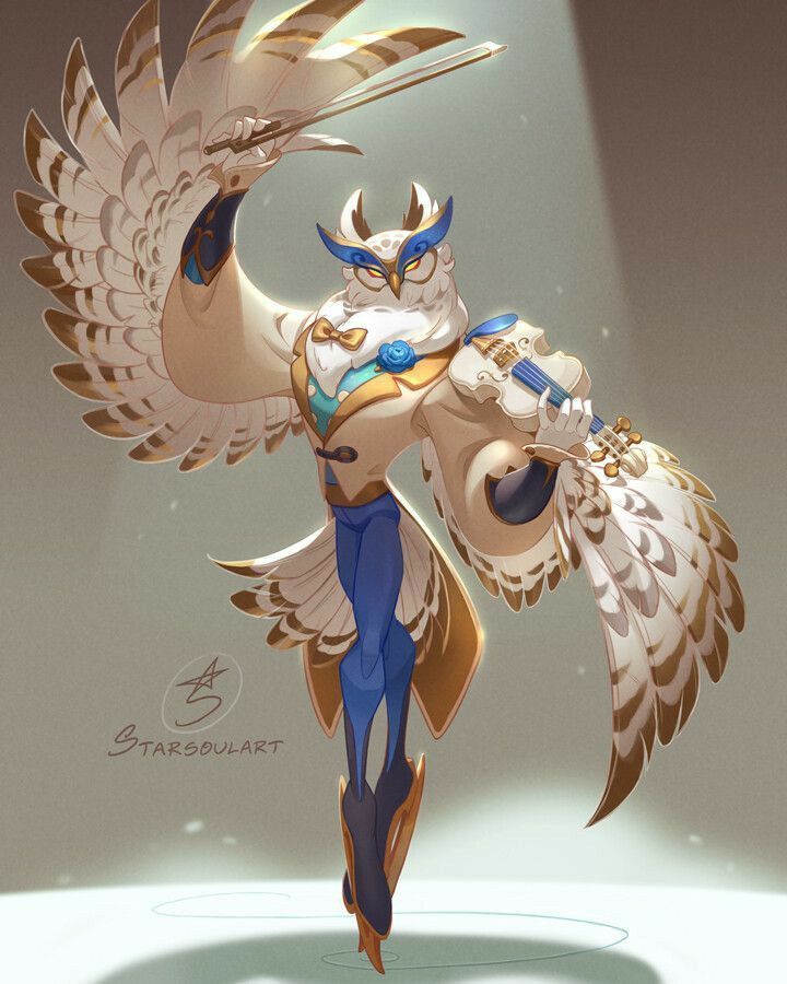 a cartoon character with an owl like body and wings, standing in front of a spotlight