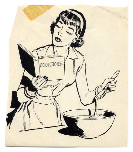 a drawing of a woman cooking with a cookbook in her hand and an empty bowl to the side