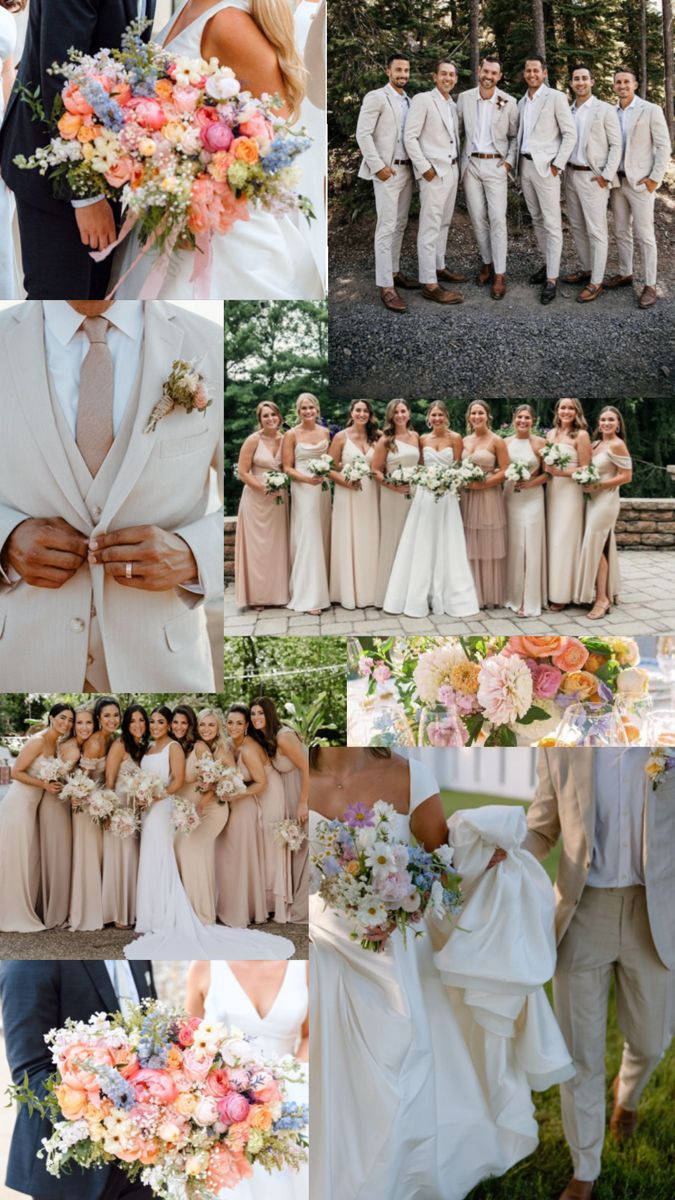 the wedding party is all dressed up and ready for their big day to be filled with flowers