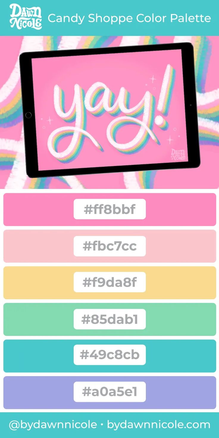 the candy shoppe color palette is displayed on a tablet screen, with text below it