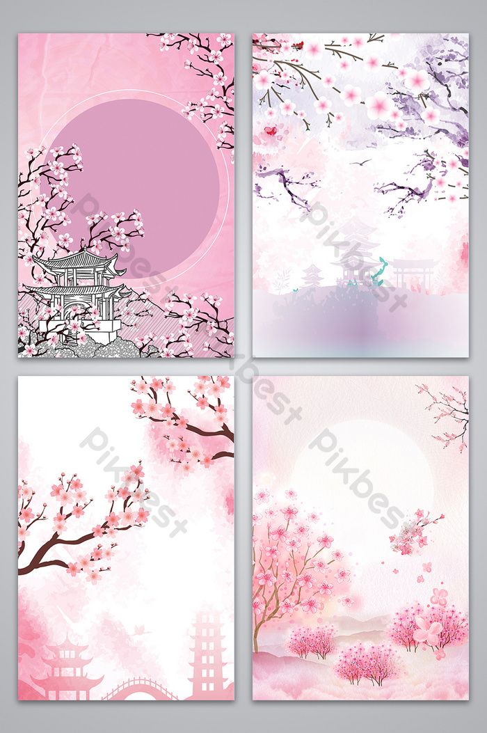 four pink cards with trees and buildings in the background