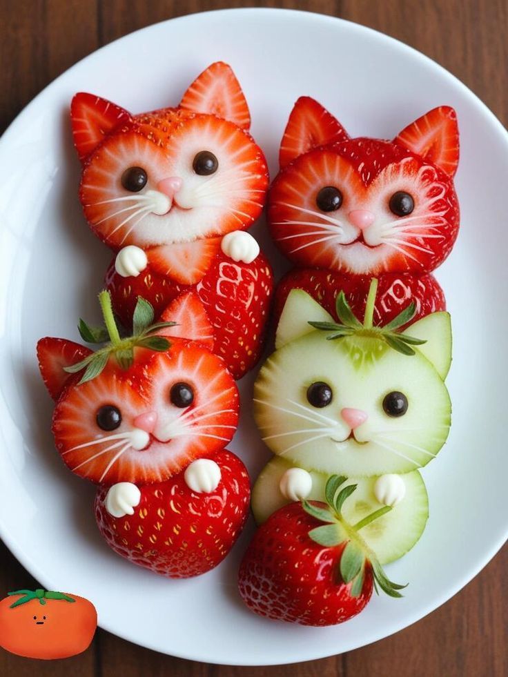 some strawberries are arranged in the shape of cats and kittens on a plate