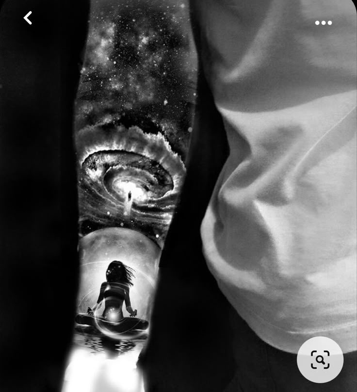 Space Storm Tattoo, Galaxy Sleeve Tattoo For Men, Black And Gray Space Tattoo, Galaxy Tattoo Sleeve Black And White, Nebula Tattoo Black And White, Space Sleeve Tattoo Women, Black Space Tattoo, Space Stars Tattoo, Universe Tattoo Sleeve