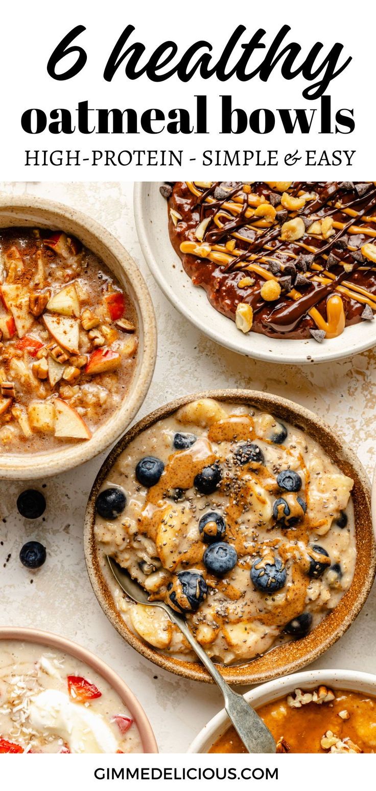 an overhead view of oatmeal bowls with blueberries and bananas in them