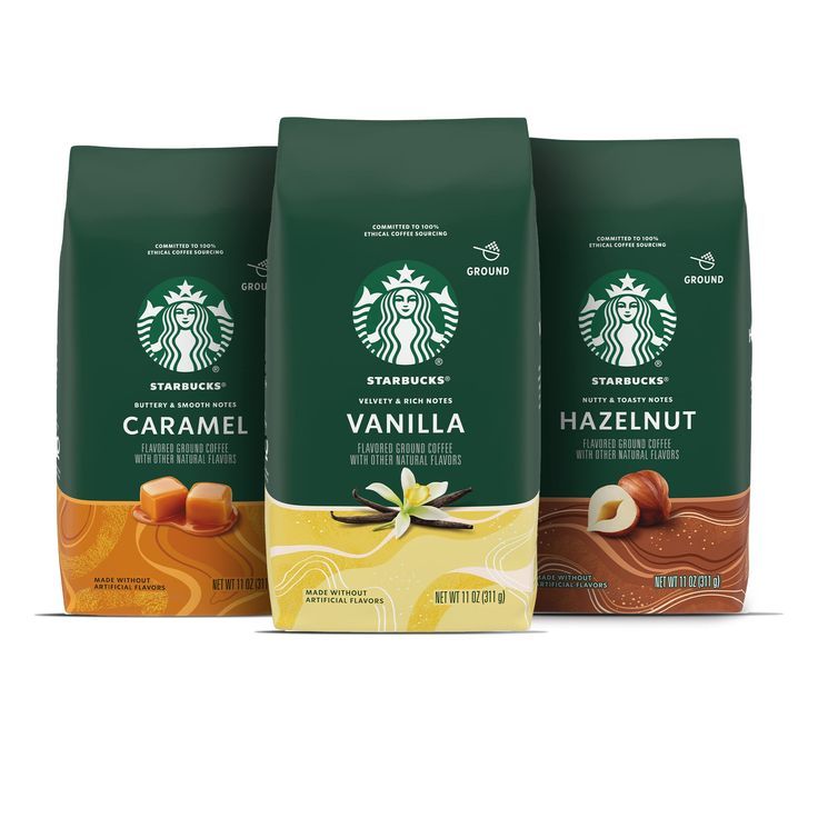 Starbucks Flavored Ground Coffee Variety Pack Naturally Flavored 3 bags (11 oz each) Hazelnut Starbucks, Starbucks Ground Coffee, Starbucks Coffee Beans, Starbucks Flavors, Café Starbucks, Starbucks Vanilla, Starbucks Caramel, Coffee Vanilla, Coffee Pack