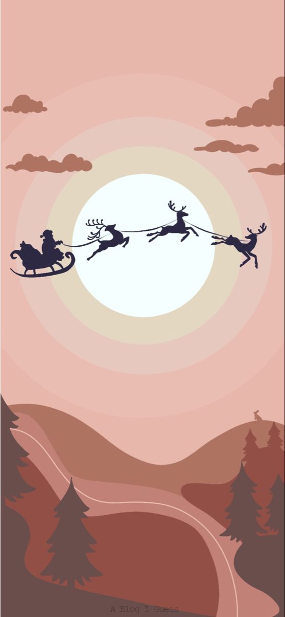 santa's sleigh in the sky with reindeers on it and trees