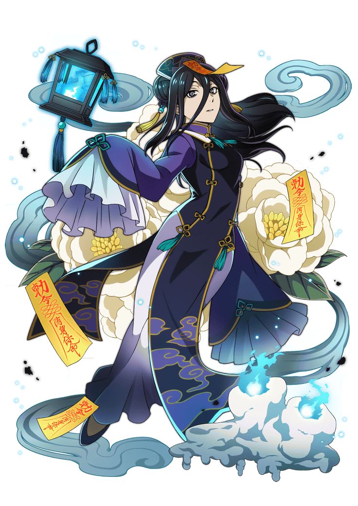 an anime character with long black hair and blue eyes is flying through the air holding a lantern