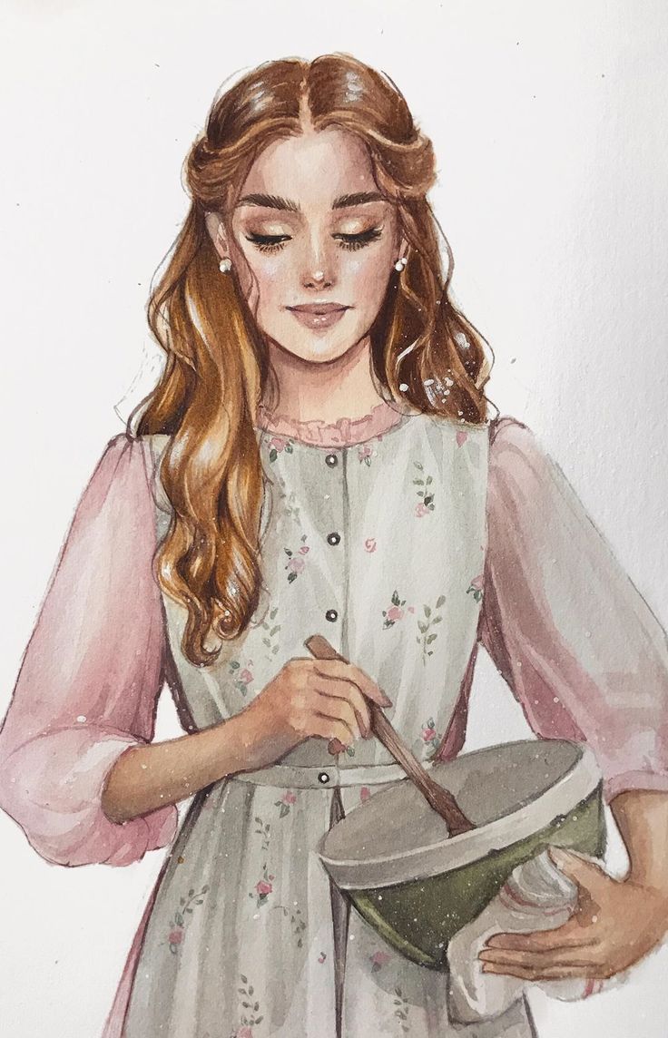 a painting of a girl with long hair holding a bowl and ladle in her hands