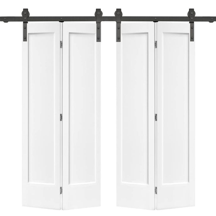 two white doors with black hardware on each side