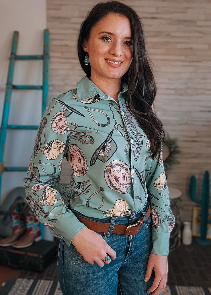 Cowgirl Bosal Long Sleeve Button Down YC Long Sleeve Button Down The Cinchy Cowgirl (YC) XS Western Style Tops With Button Closure For Fall, Rodeo Shirts Button Up, Casual Shirt With Button Closure For Western-themed Events, Fitted Button-up Shirt For Rodeo, Fall Rodeo Long Sleeve Blouse, Western Long Sleeve Blouse For Rodeo, Fitted Button-up Top For Western-themed Events, Western Style Button-up Blouse For Spring, Fall Long Sleeve Blouse For Rodeo