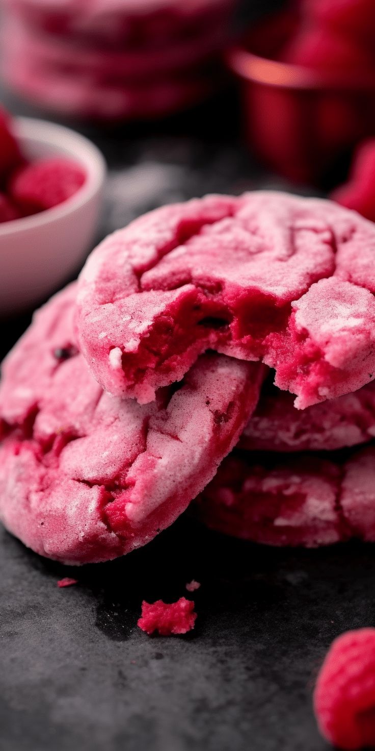 two cookies with pink icing are next to some raspberries and one is broken in half