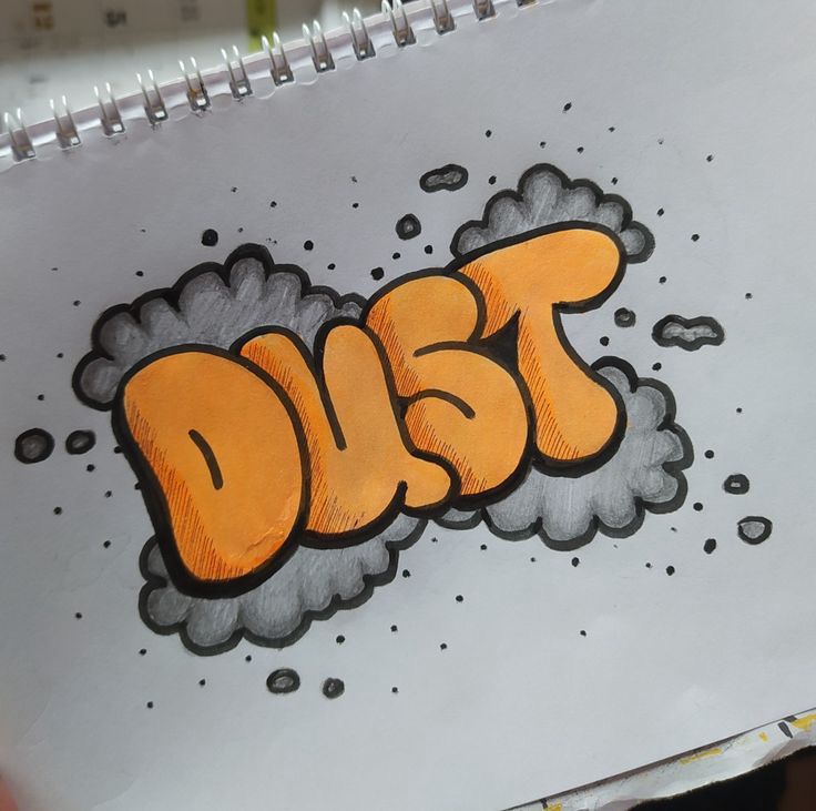 a drawing of the word dust written in orange and black ink on a piece of paper