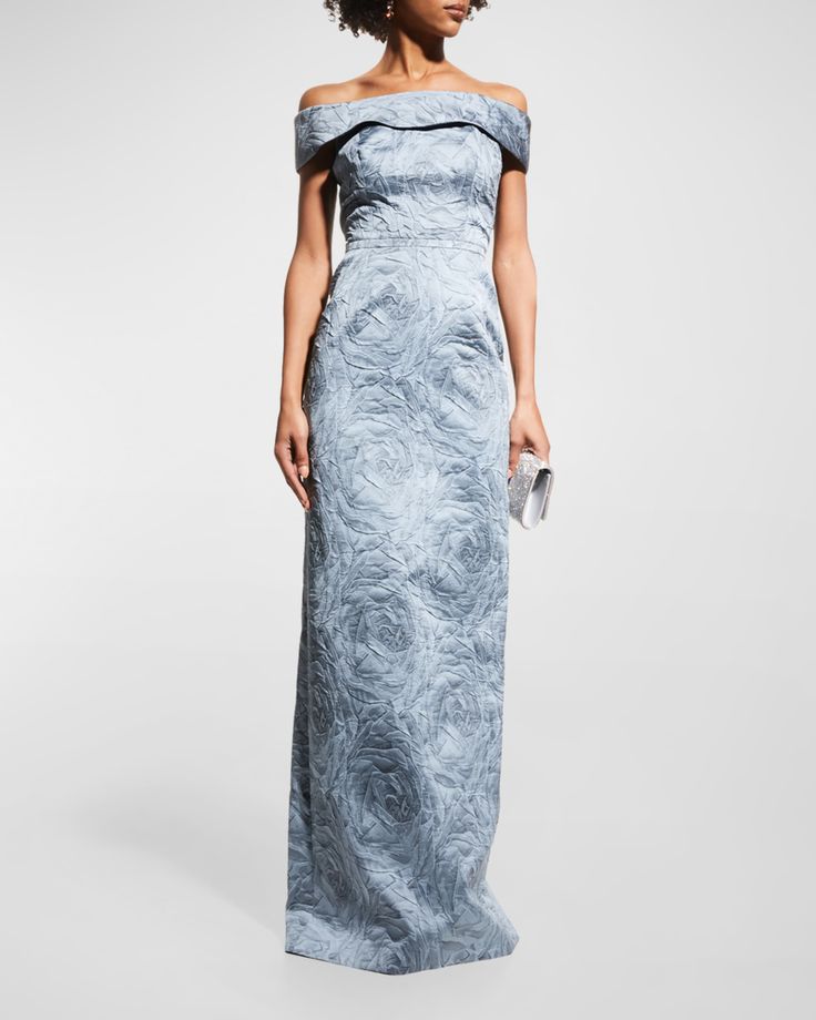 Rickie Freeman for Teri Jon Off-Shoulder Jacquard Column Gown | Neiman Marcus Mother Of The Bride Fashion, Jacquard Gown, Mother Of The Bride Dresses Long, Mother Of The Bride Gown, Teri Jon, Mother Of Groom Dresses, Mob Dresses, Column Gown, Pleated Bodice