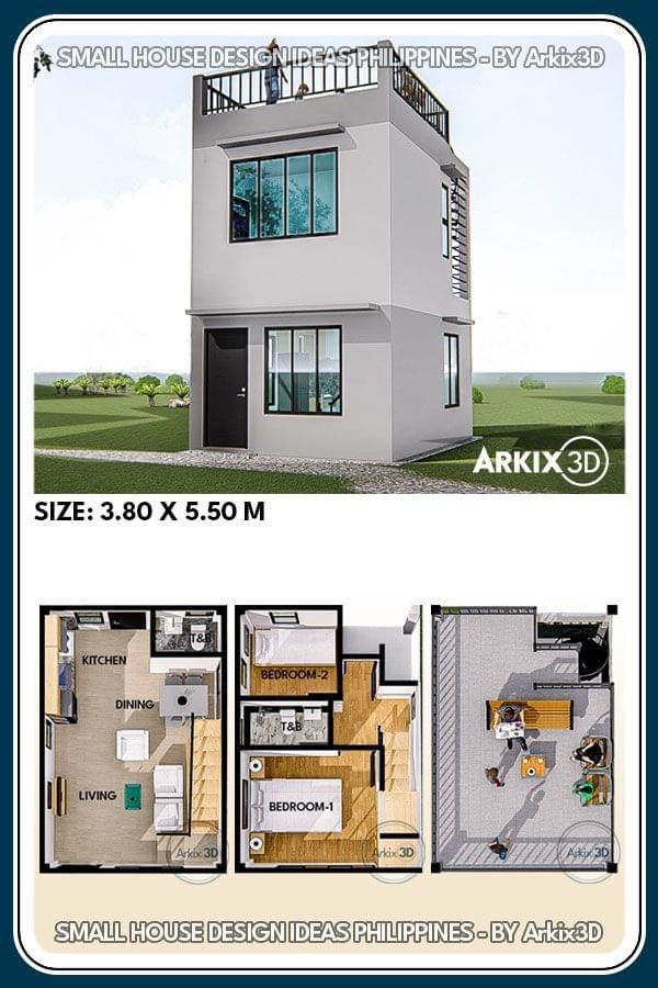 two story house plans are shown in three different sizes and colors, with the same floor plan