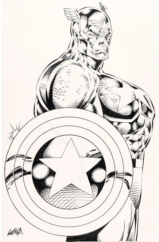 a black and white drawing of a man with a captain america shield in his hand