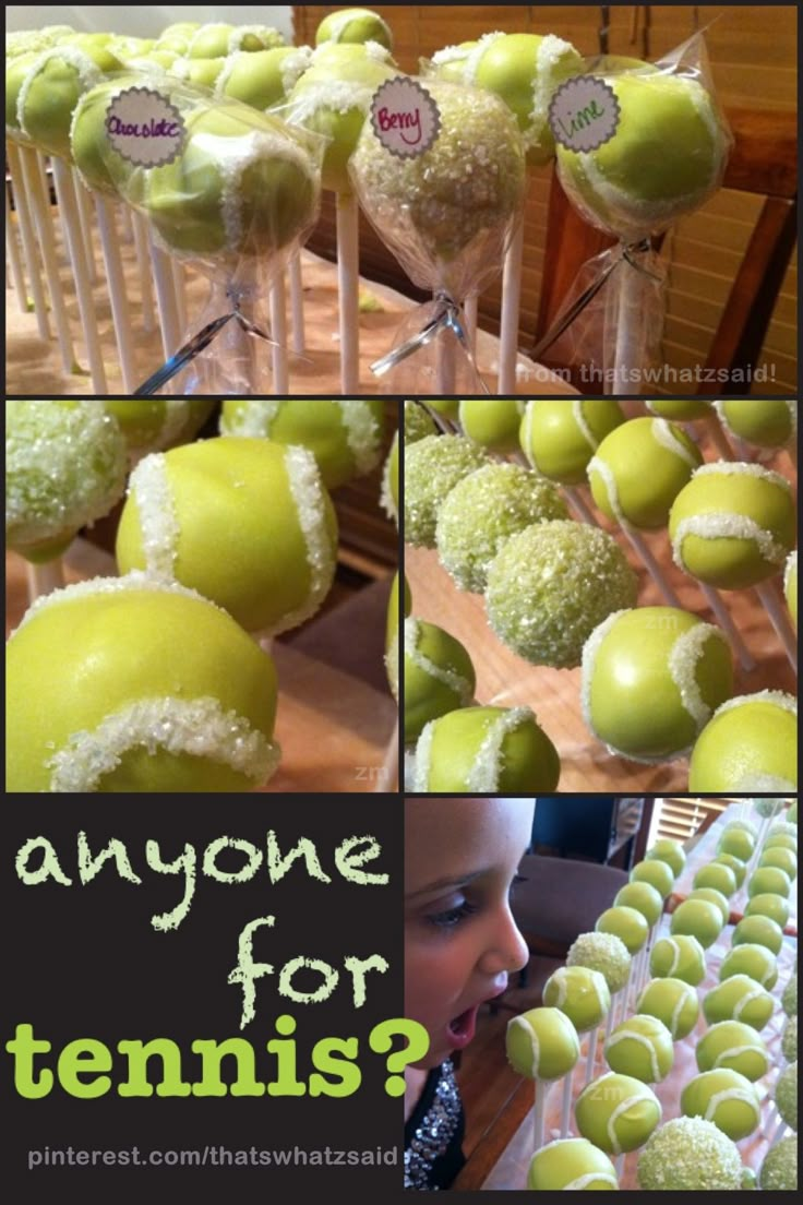 an image of tennis balls on sticks with the words anyone for tennis? in them