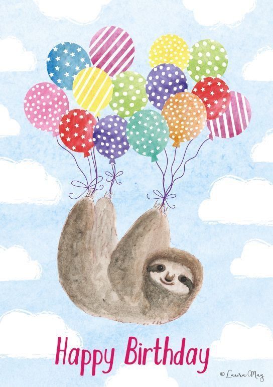 a happy birthday card with a slotty hanging on balloons