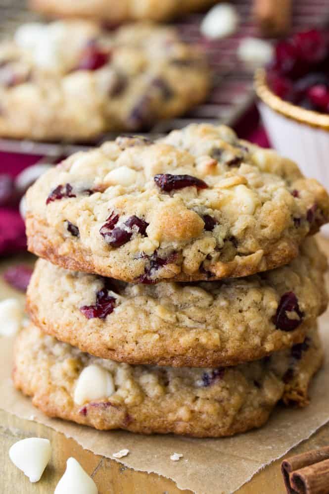 cranberry white chocolate cookies stacked on top of each other