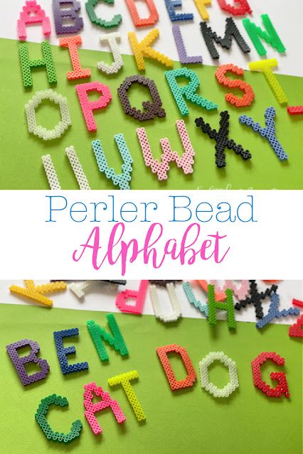 the perler bead alphabet is displayed on top of a green surface with letters and numbers