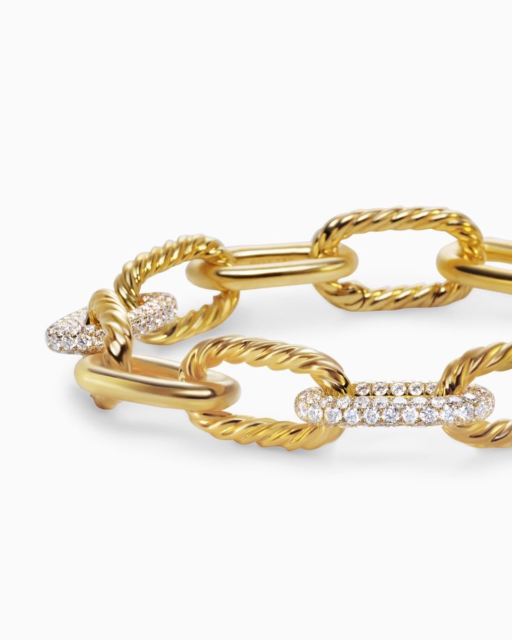 The DY Madison® Collection offers an elegant take on the classic chain, enhanced by the lustre and beauty of pearls. 18-karat yellow gold Pav-set diamonds, 3.79 total carat weight Bracelet, 11mm Push clasp"} David Yurman DY Madison Chain Bracelet in 18K Yellow Gold with Diamonds, 11mm | Women's | Size Medium | DY Madison® Chain Bracelet in 18K Yellow Gold with Diamonds, 11mm David Yurman Jewelry, Women's Bracelets, Small Accessories, David Yurman, High Jewelry, Jewelry Pouch, Pave Diamonds, Womens Bracelets, Chain Bracelet