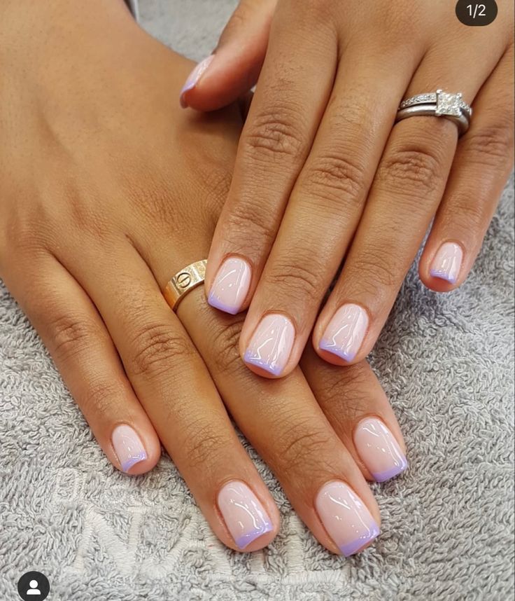 Lilac Biab Gel Nails, Lilac Tipped Nails, Lilac Nails With French Tip, Spring French Manicure Ideas, French Manicure With Purple Tips, French Manicure Purple Tips, French Nails With Purple Tips, Biab Nails Purple, French Nails Purple Tips