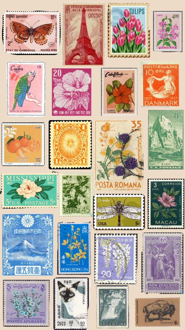 many different postage stamps with flowers and butterflies on them