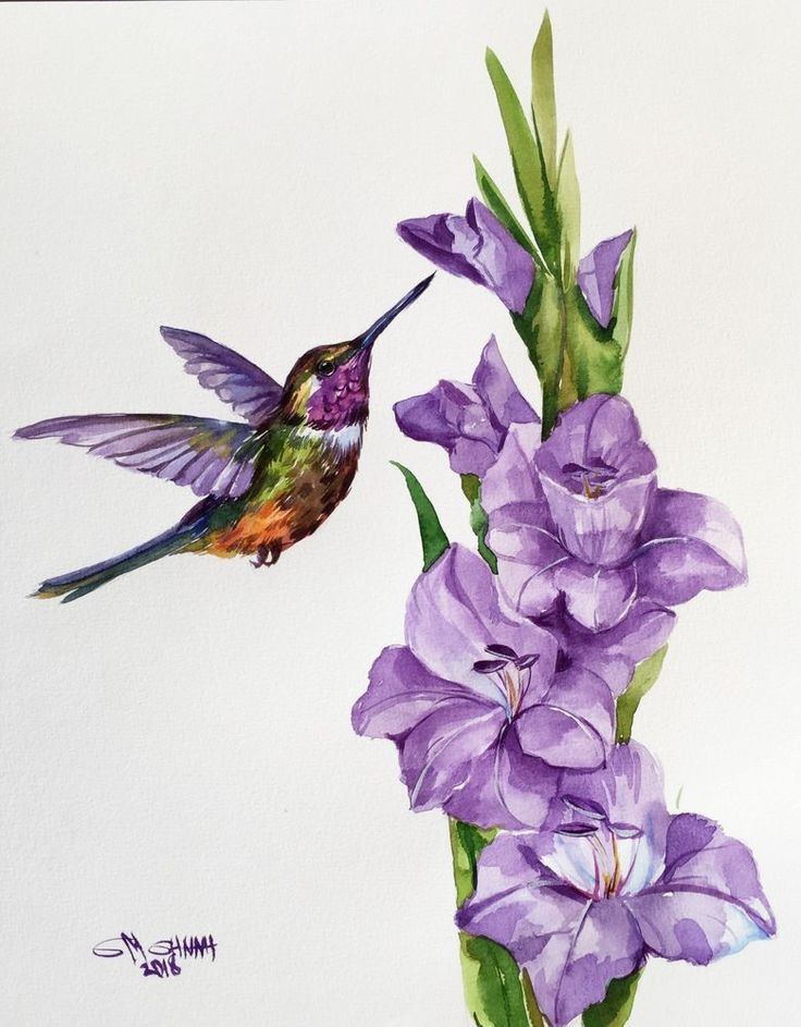 a painting of a hummingbird hovering over purple flowers