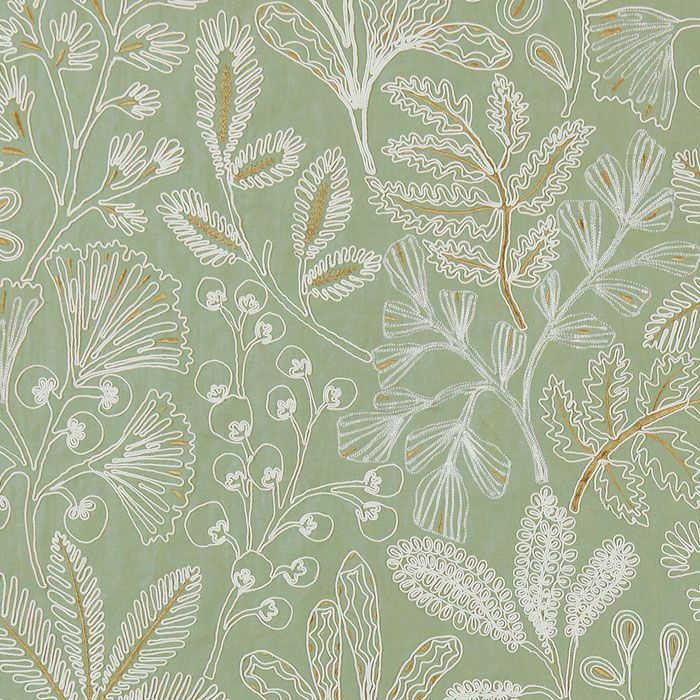 a green wallpaper with white flowers and leaves on it's side, in an ornate pattern