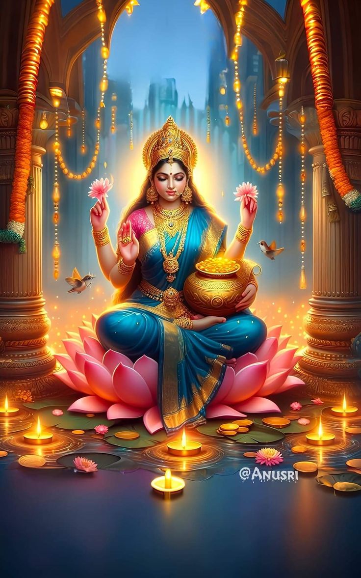 the hindu goddess sitting on top of a lotus