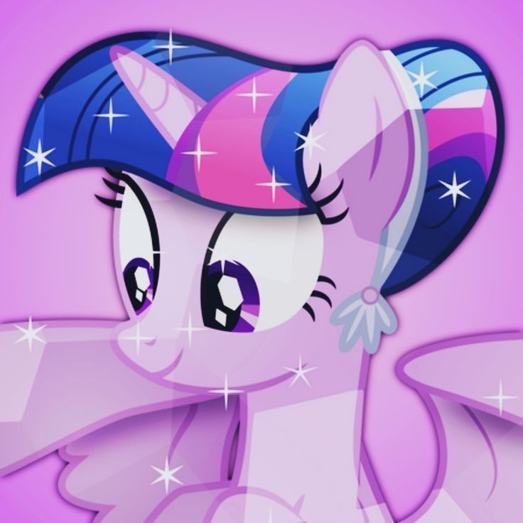 a pink pony with blue hair and stars on it's head, standing in front of a purple background