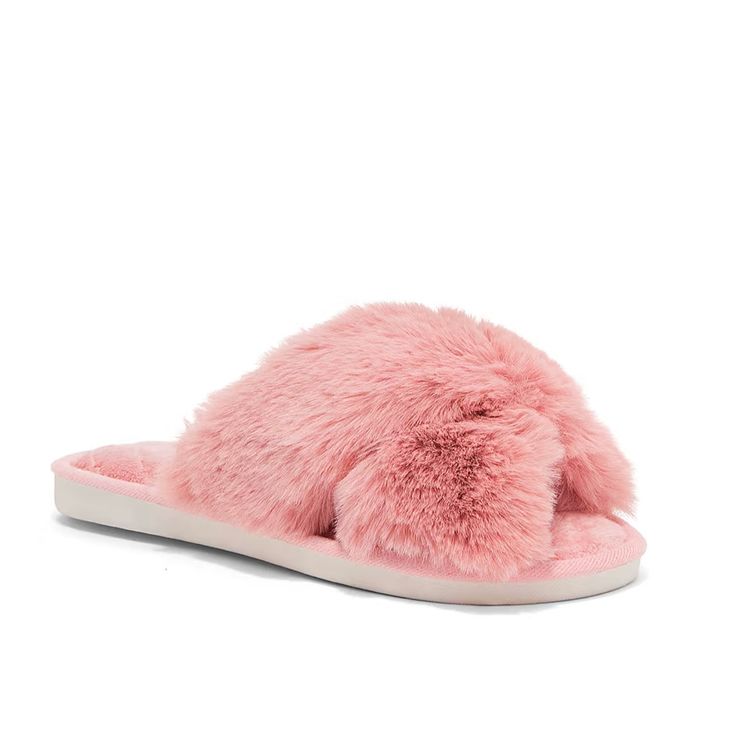 Faux Fur Cris Cross Pink Slippers Size Small =5/6. Brand New Never Used In Original Packaging With Tags Attached Soft Synthetic Slippers For Spring, Spring Slippers With Faux Fur Lining And Round Toe, Fluffy Synthetic Slippers, Rainbow Slippers, White Block Heels, White Slippers, Christmas Slippers, Red Fur, Pink Slippers