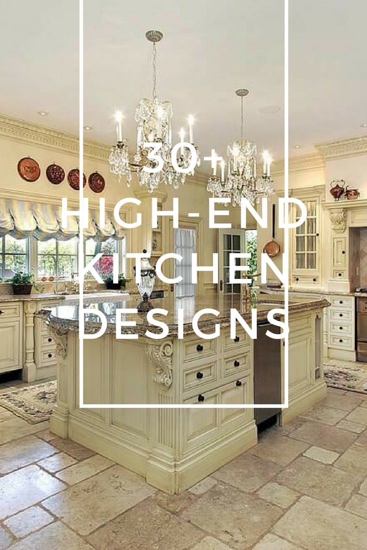 a large kitchen with an island and chandelier in the center is featured for high end kitchen designs