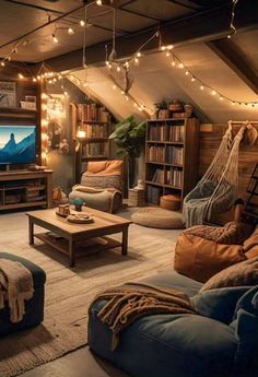 a living room filled with furniture and lots of lights