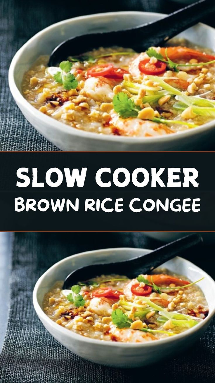 Brown Rice Congee In Slow Cooker Slow Cooker Brown Rice, Brown Rice Congee, Rice Congee, Raw Prawns, Minced Pork, Chinese Rice, Pork Chicken, Slow Cooker Dinner, How To Make Brown