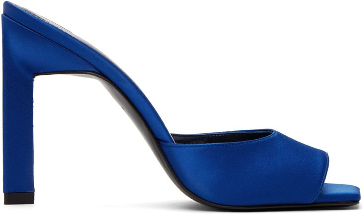 Satin heeled sandals in blue. · Open square toe · Logo printed at padded footbed · Leather sole with rubber injection at heel · Heel: H4 in Supplier color: Blue Chic Blue Square Toe Mules, Elegant Blue Square Toe Sandals, Blue Square Toe Evening Sandals, Blue Mules With Deep Heel Cup And Open Heel, Blue Mules With Sculpted Heel For Party, Blue Pointed Toe Mules For Evening, Blue Formal Sandals With Square Toe, Blue Party Mules With Sculpted Heel, Blue Pointed Toe Mules With Sculpted Heel